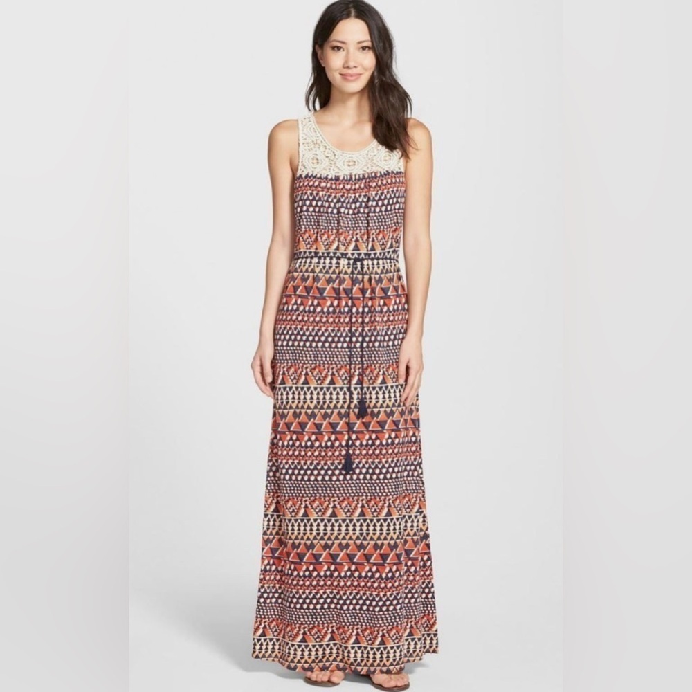 Crochet Yoke Tribal Print Maxi Dress